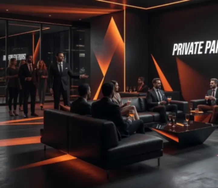 Ambiance lounge privée avec invités autour de tables