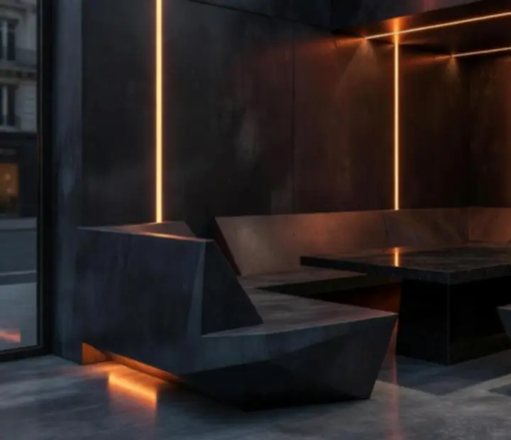 Détail brutaliste du lounge poker avec murs noirs et éclairage orange