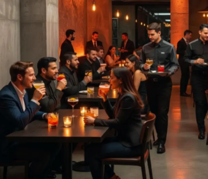 Bar brutaliste et cocktails signatures sous lumière orange
