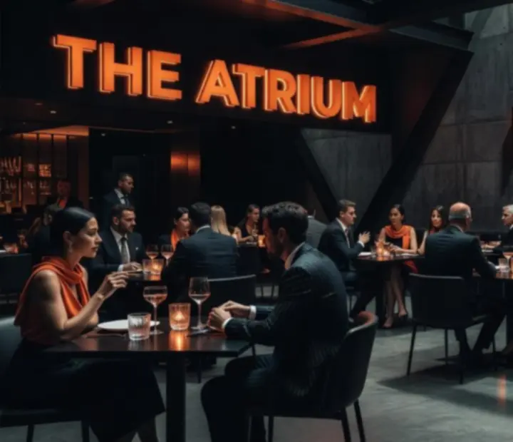 Vue cinématographique de la salle de Rendezvous Hub avec tables sombres et lumières orange.