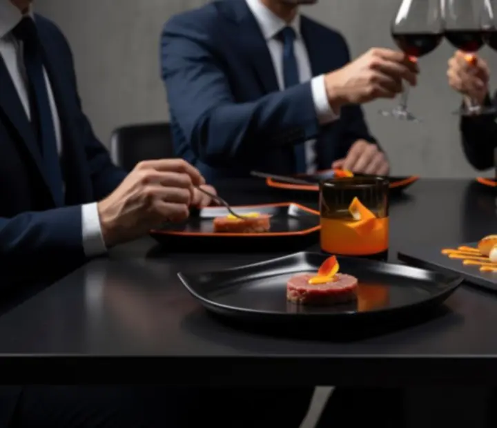 Table d’entreprise dressée avec un dîner gastronomique dans une ambiance sombre et chic