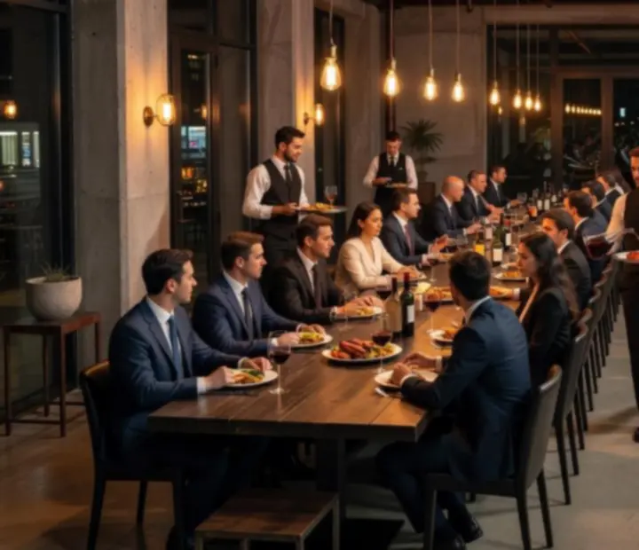 Ambiance de soirée thématique au restaurant avec lumière orange et tables animées