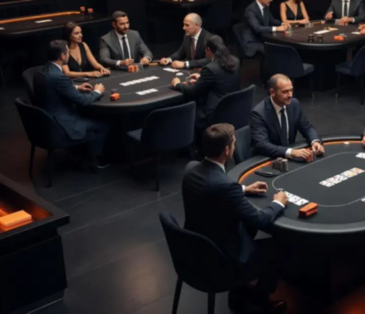 Salle de restaurant sombre avec tables poker social et ambiance lumineuse orange