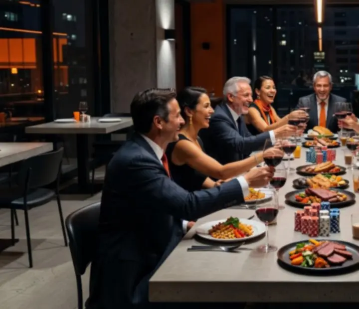 Invités réunis autour de tables dans un salon privé lumineux et urbain
