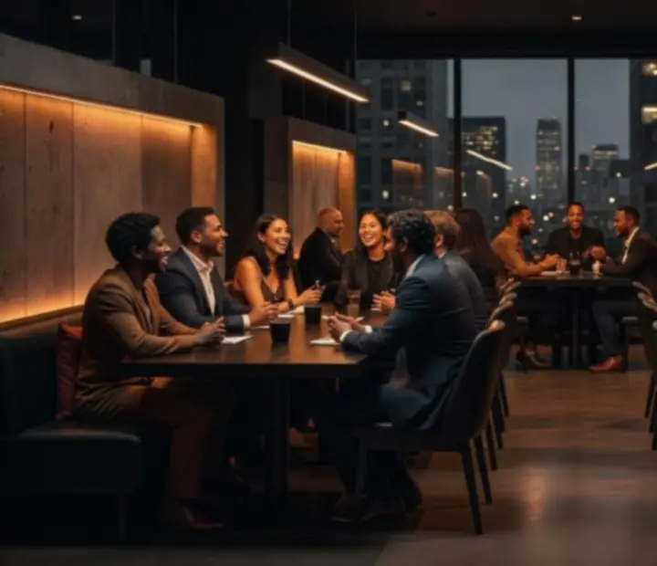 Invités installés dans le lounge du restaurant, lumière tamisée et esprit urbain