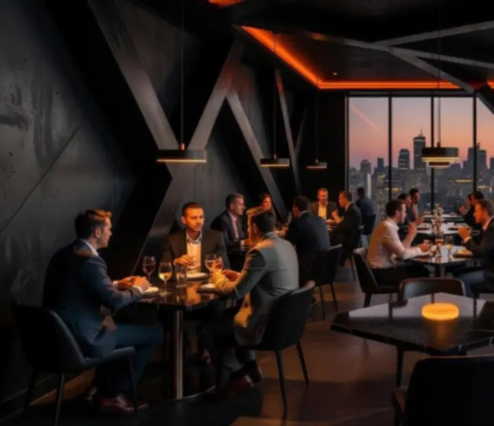 Soirée d’entreprise animée dans un restaurant noir et orange