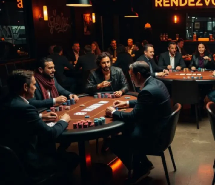 Bandeau d’images montrant plusieurs tables de poker offline et l’ambiance nocturne du restaurant