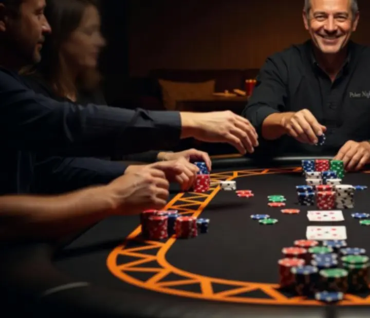 Table de poker offline avec jetons et cartes dans un restaurant sombre