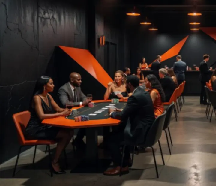 Vue cinématique de la salle du restaurant Rendezvous Hub avec tables dressées et lumières orange.