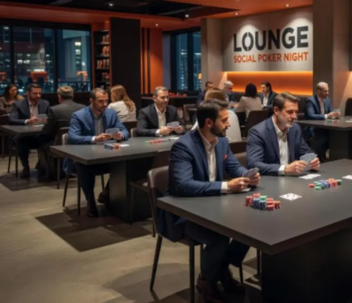 Invités réunis autour d'une grande table dans une ambiance lounge sombre et chaleureuse.
