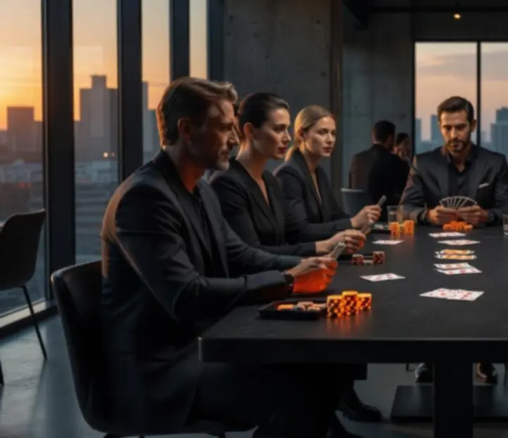 Détails d'un set-up de poker social avec jetons et cartes sur une table de restaurant.