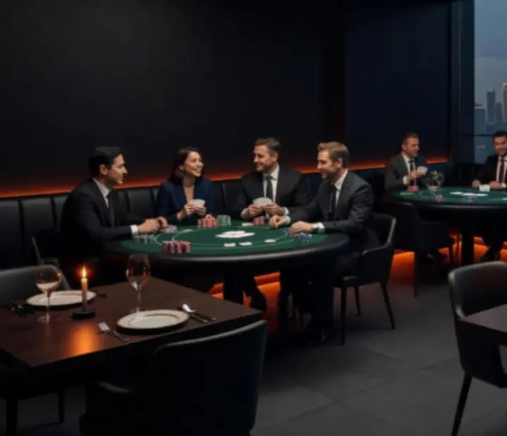 Espace lounge du restaurant avec lumière orange et banquettes basse.