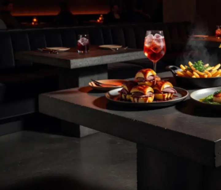 Cocktail et assiettes de street-food raffinée dans l’ambiance nocturne du restaurant