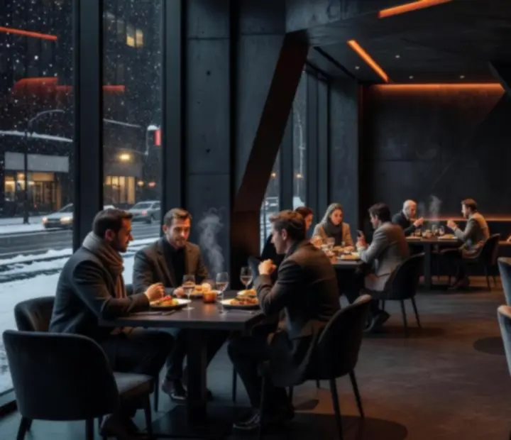 Intérieur du restaurant Rendezvous Hub avec décor brutal, béton apparent et lumière orange.