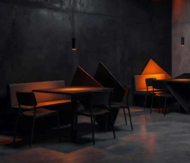 Intérieur du restaurant Rendezvous Hub en noir, graphite et orange