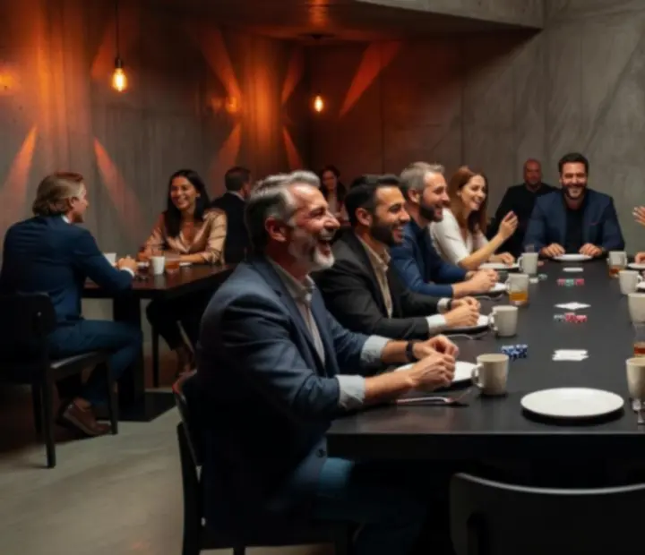 Table de poker dressée dans une salle de restaurant sombre aux accents orange