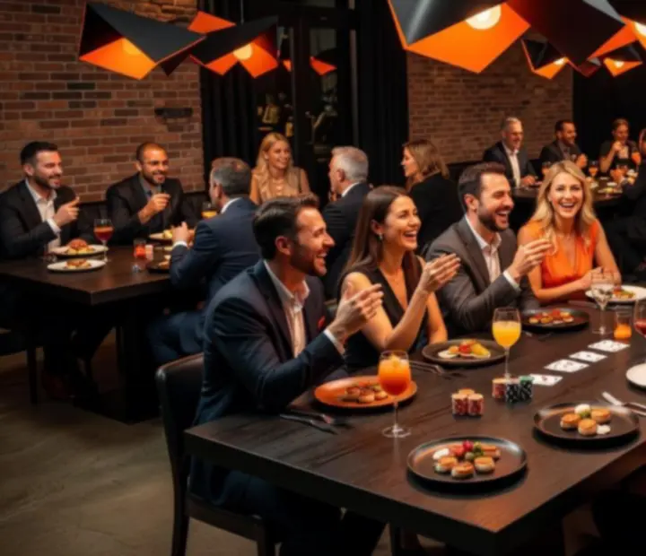 Ambiance de soirée dans le restaurant Rendezvous Hub avec invités, éclairage orangé et tables animées.