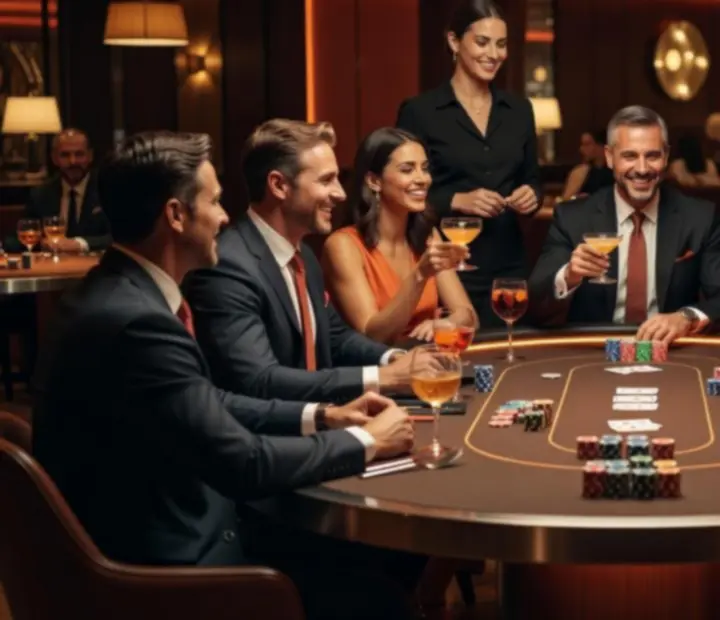 Table de poker social offline sans enjeu d'argent, entourée de convives.