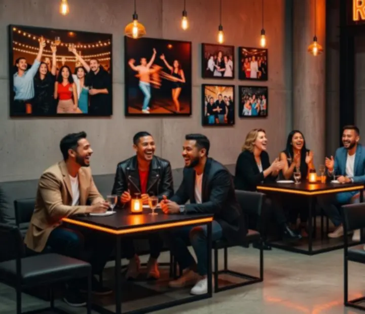Invités réunis dans la salle du restaurant lors de différentes soirées à thème