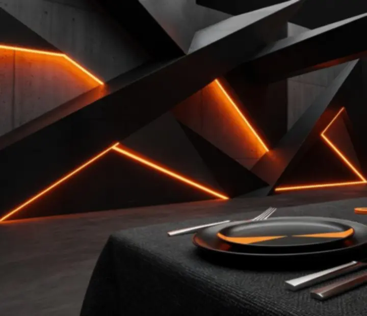 Détails de décoration brute avec lumière orange dans la salle du restaurant