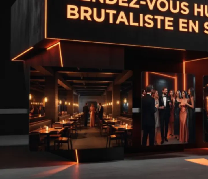 Salle du restaurant plongée dans une lumière orange lors d’une soirée à thème